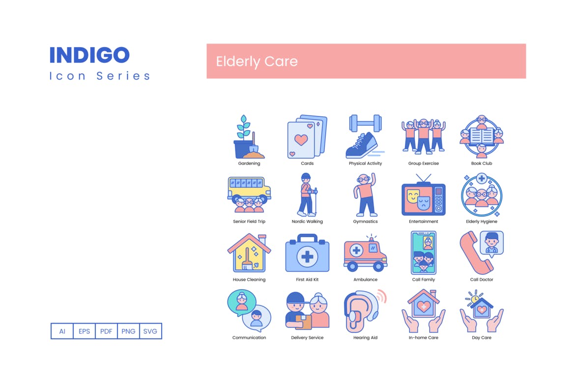 80个靛蓝系列老年护理图标 80 Elderly Care Icons – Indigo Series 图标素材 sucaiwan.com