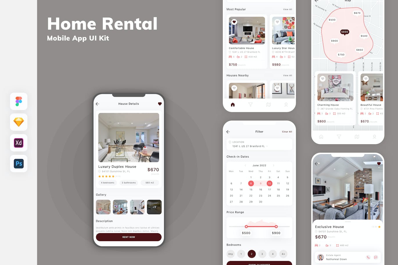 房屋租赁App移动应用设计UI工具包 Home Rental Mobile App UI Kit APP UI sucaiwan.com