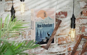 木壁架精装书封面设计样机模板 Hardcover Book On Wooden Wall Holder Mockup