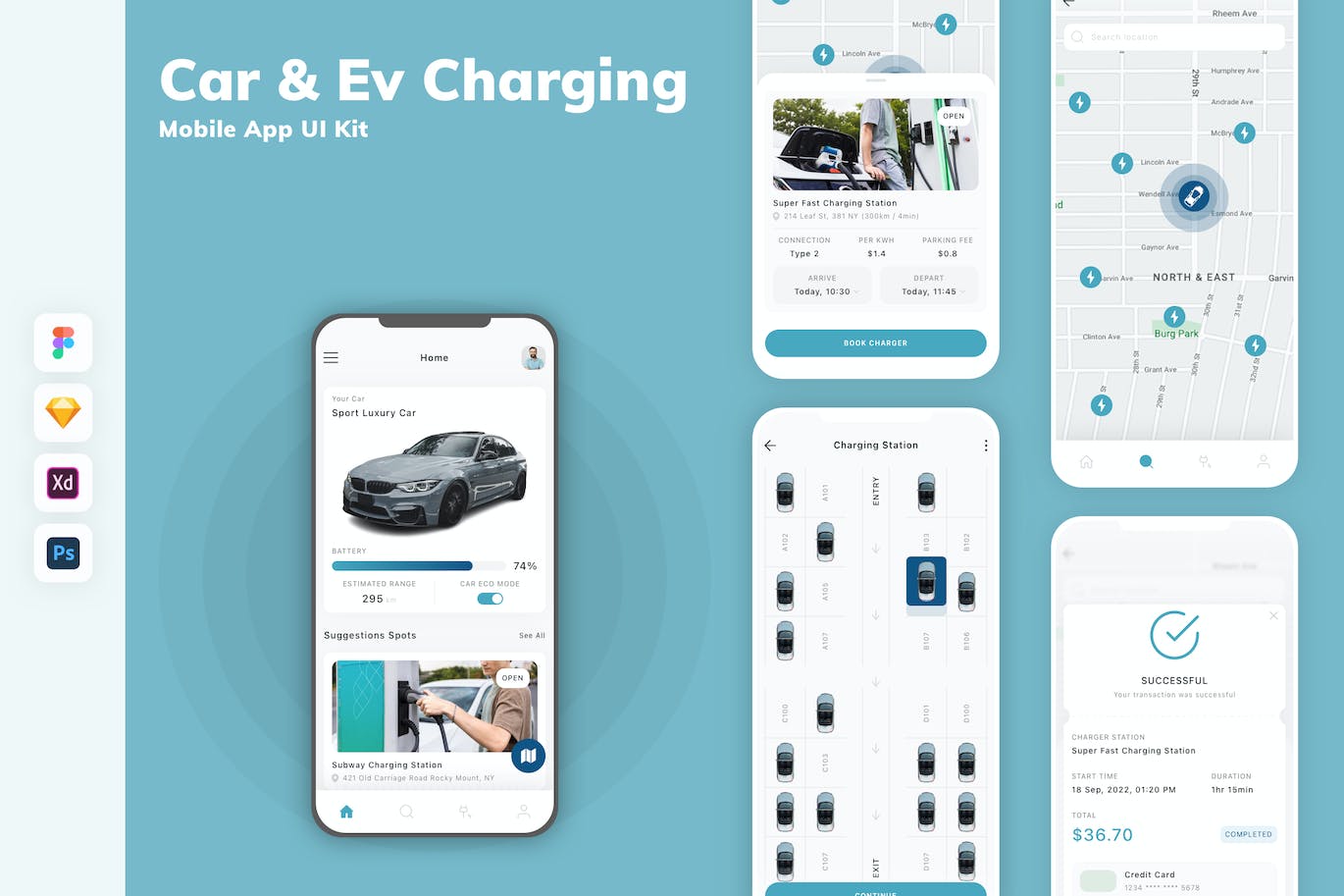汽车和电动车充电App移动应用设计UI工具包 Car & Ev Charging Mobile App UI Kit APP UI sucaiwan.com