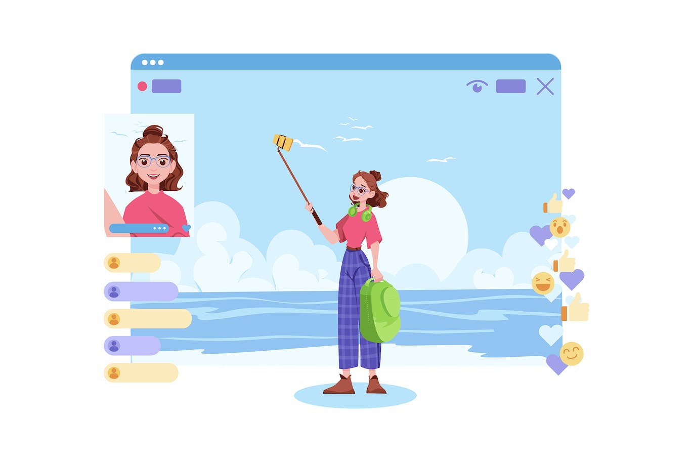 海边直播场景人物插画 Woman With A Mobile Phone Streaming Online APP UI sucaiwan.com