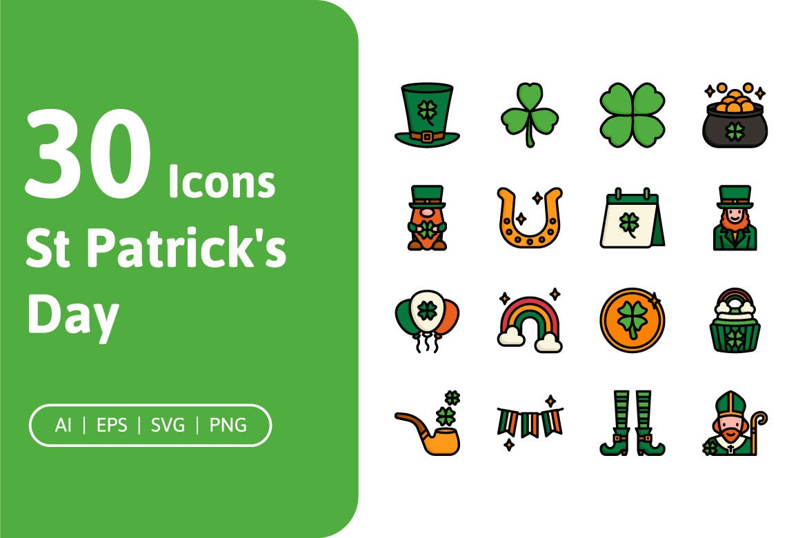 30个高质量的圣帕特里克节矢量图标 30 St Patrick’s Day Icons 图标素材 sucaiwan.com