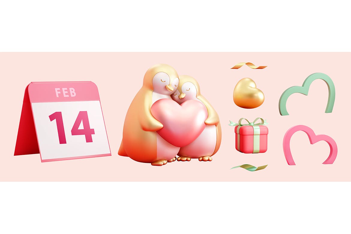 3D情人节企鹅海报素材下载 3D Valentine’s Day Penguins Poster 设计素材 sucaiwan.com