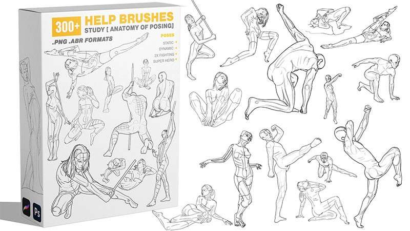 300+人体结构动态线稿素材PS笔刷，画师必备 笔刷资源 sucaiwan.com