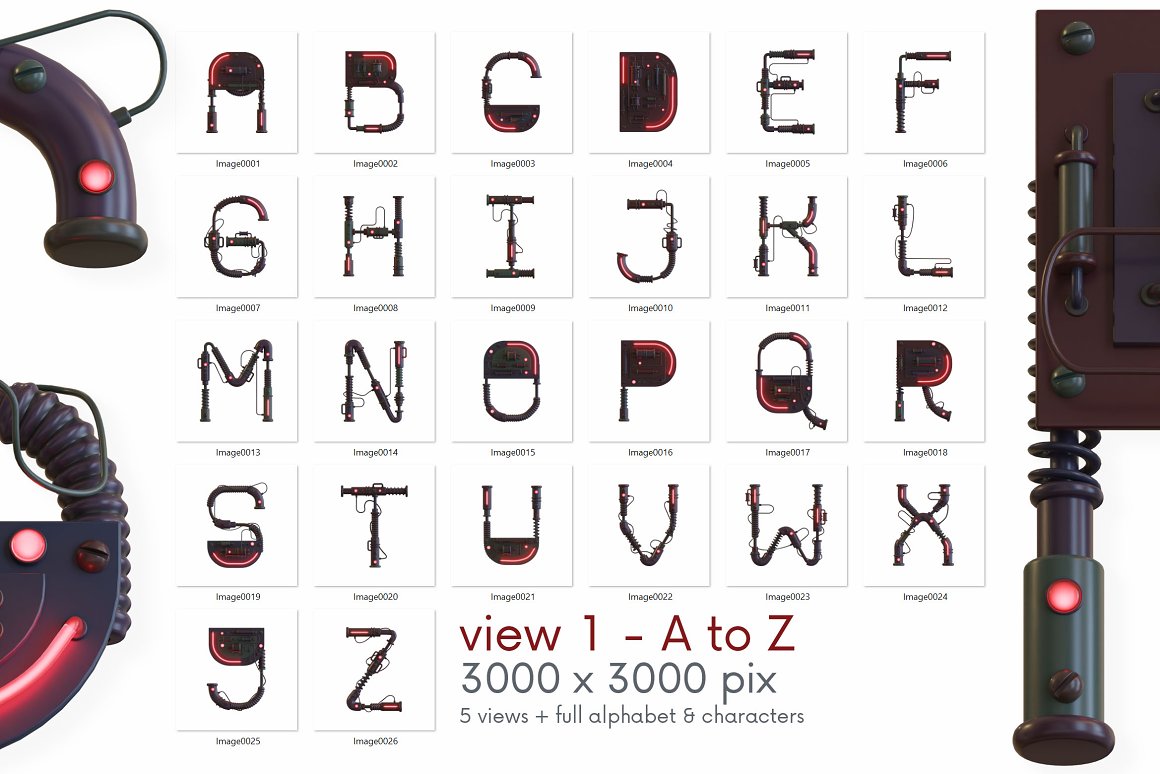 潮流未来科幻游戏3D机械霓虹灯特效字母PNG设计素材 Future Machine – 3D Lettering 图片素材 sucaiwan.com