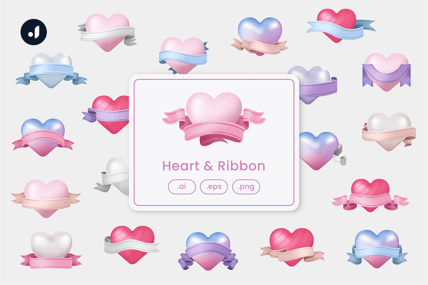 丝带爱心情人节元素插画 Heart & Ribbon Illustration 设计素材 sucaiwan.com