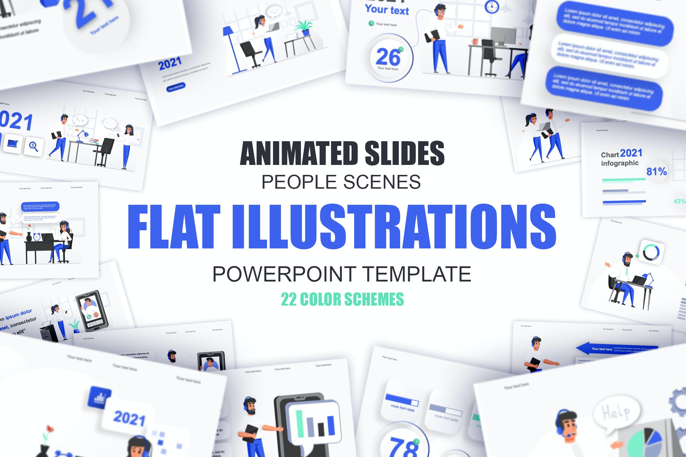 业务管理扁平插画数据可视化PPT动画幻灯片模板 Management Flat Illustration Powerpoint Template 幻灯图表 sucaiwan.com
