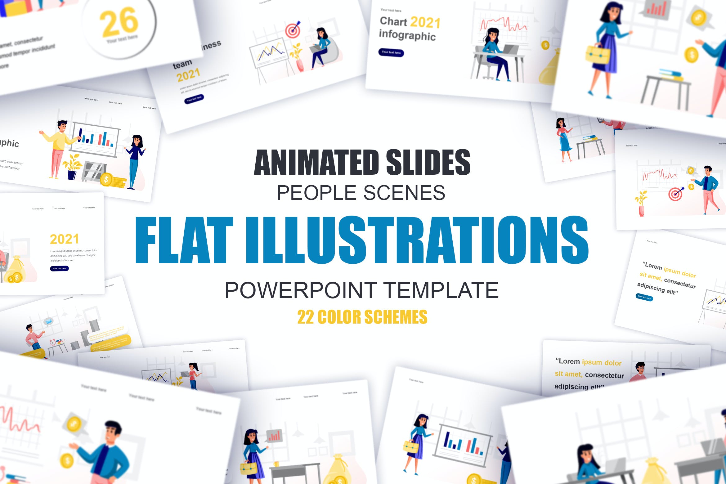 商业金融扁平插画数据可视化PPT动画幻灯片模板 Business Flat Illustration Powerpoint Template 幻灯图表 sucaiwan.com