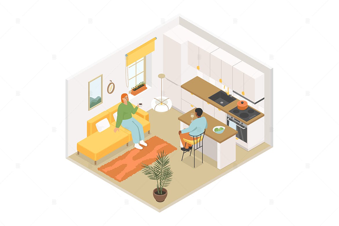 厨房交谈场景彩色等距插画 Kitchen – Colorful Isometric Illustration 图片素材 sucaiwan.com