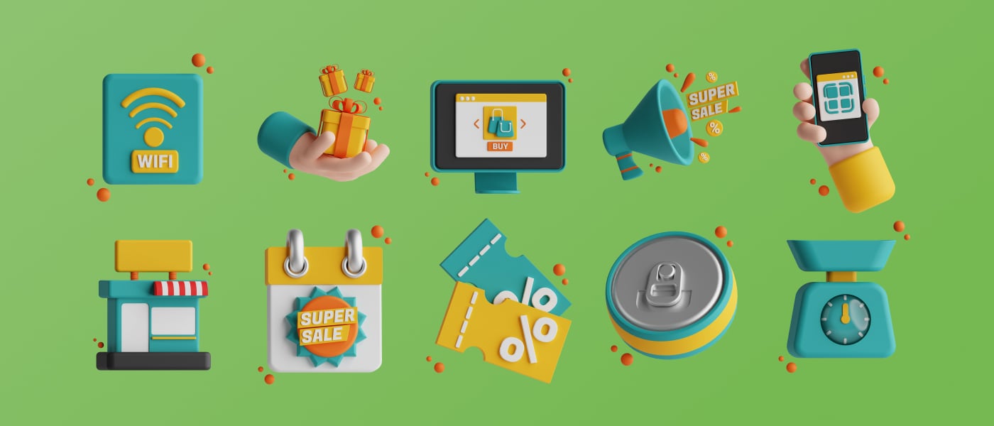 高质量三维渲染超市商场收银主题插画图标素材合辑 3D Supermarket 图标素材 sucaiwan.com