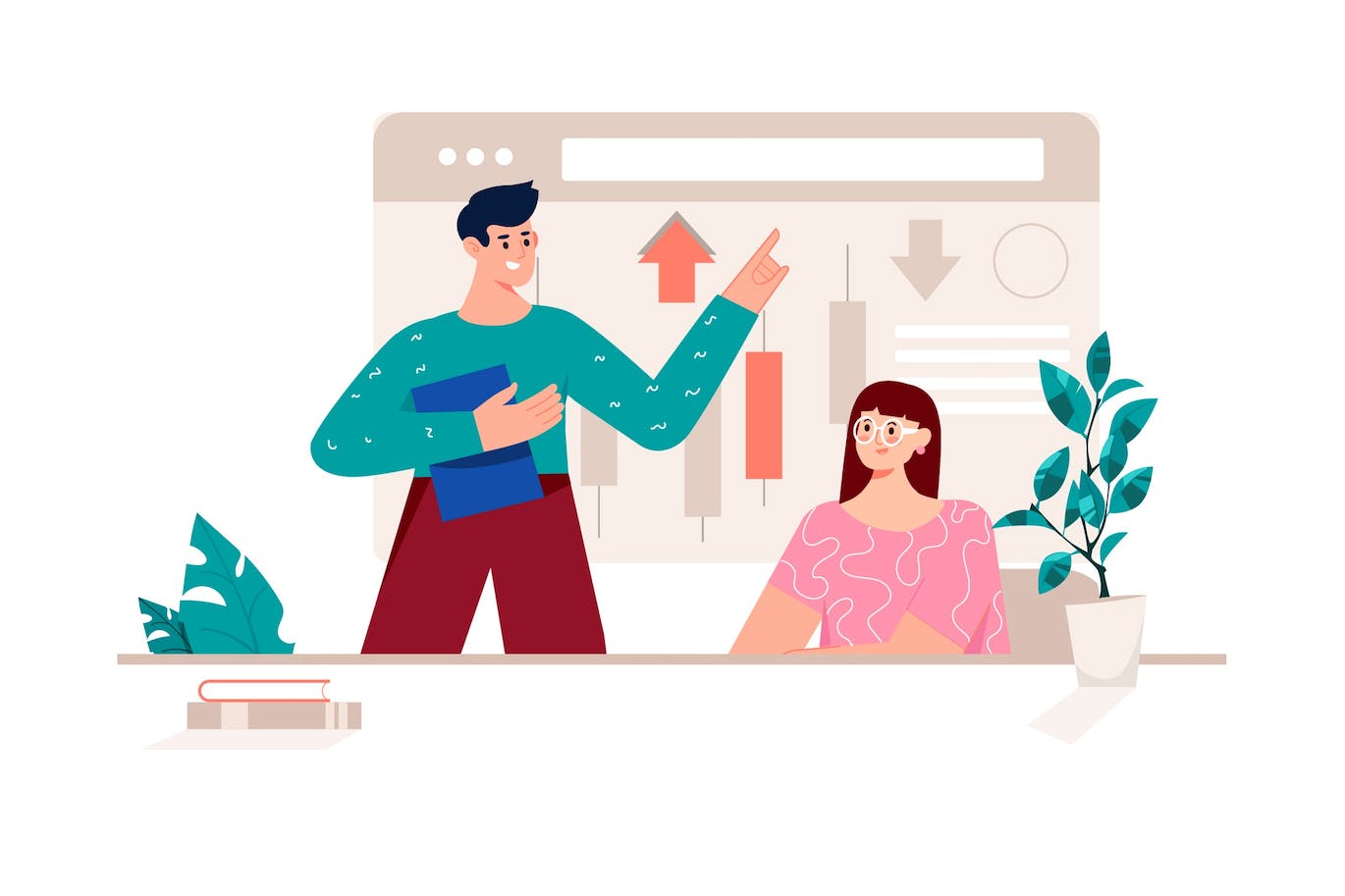 商务会议概念人物场景卡通插画 Business Meeting Pink Concept with People Scene 图片素材 sucaiwan.com