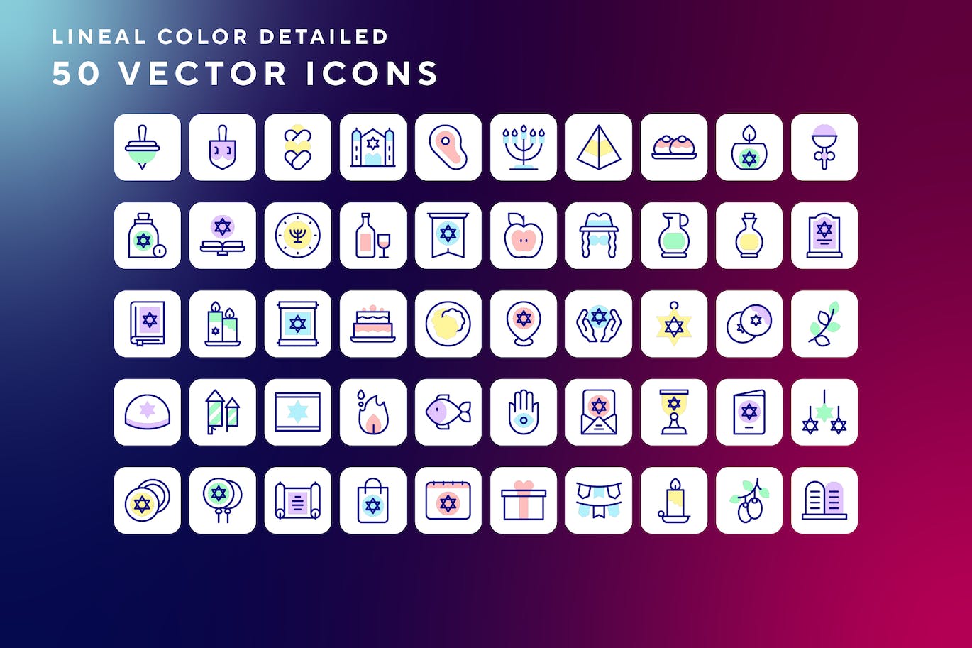 50枚光明节主题彩色线条矢量图标 Hanukkah icons 图标素材 sucaiwan.com