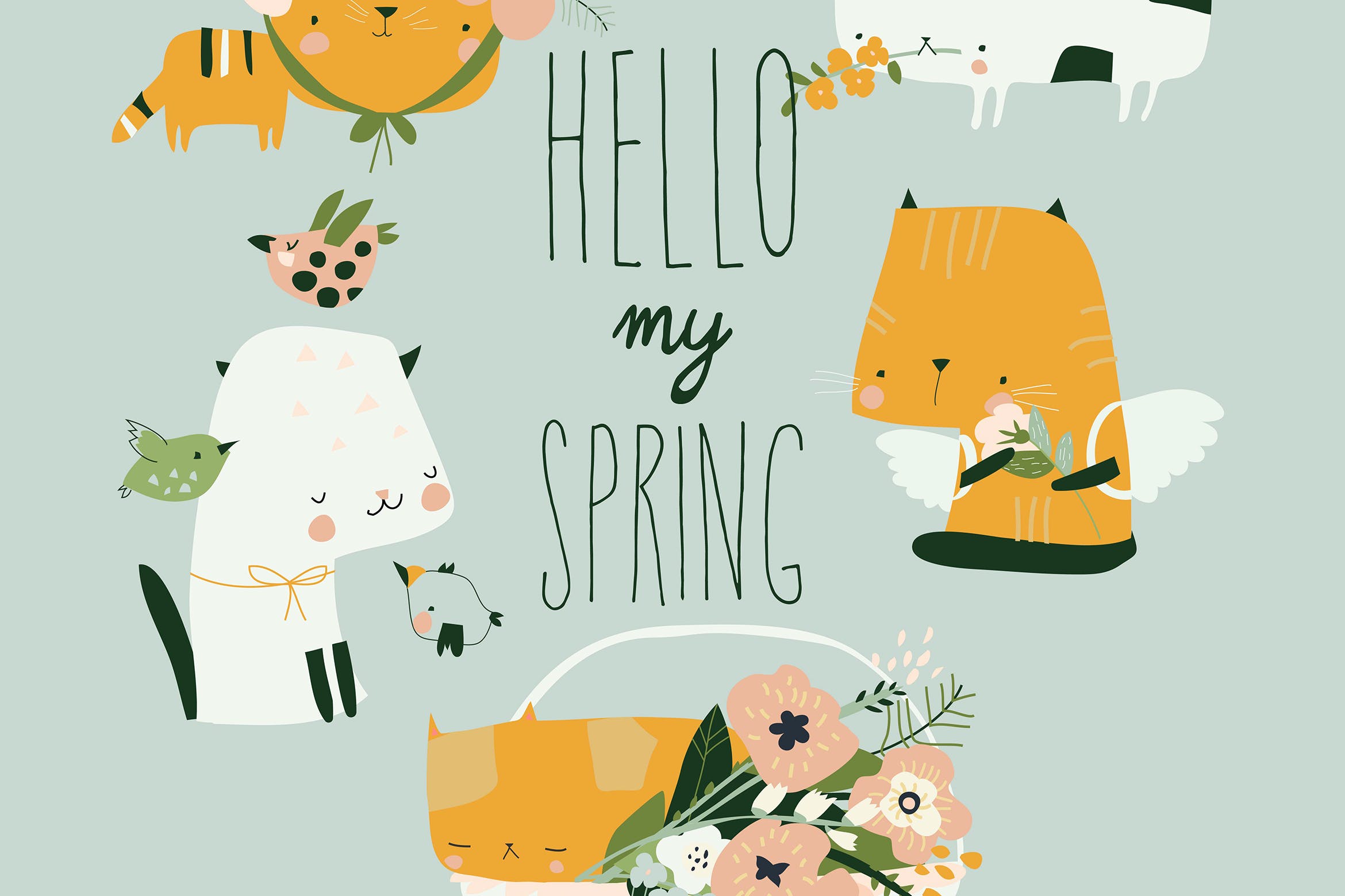 猫咪花朵矢量卡通春天插画 Vector cartoon set of funny cats with spring flowe 图片素材 sucaiwan.com
