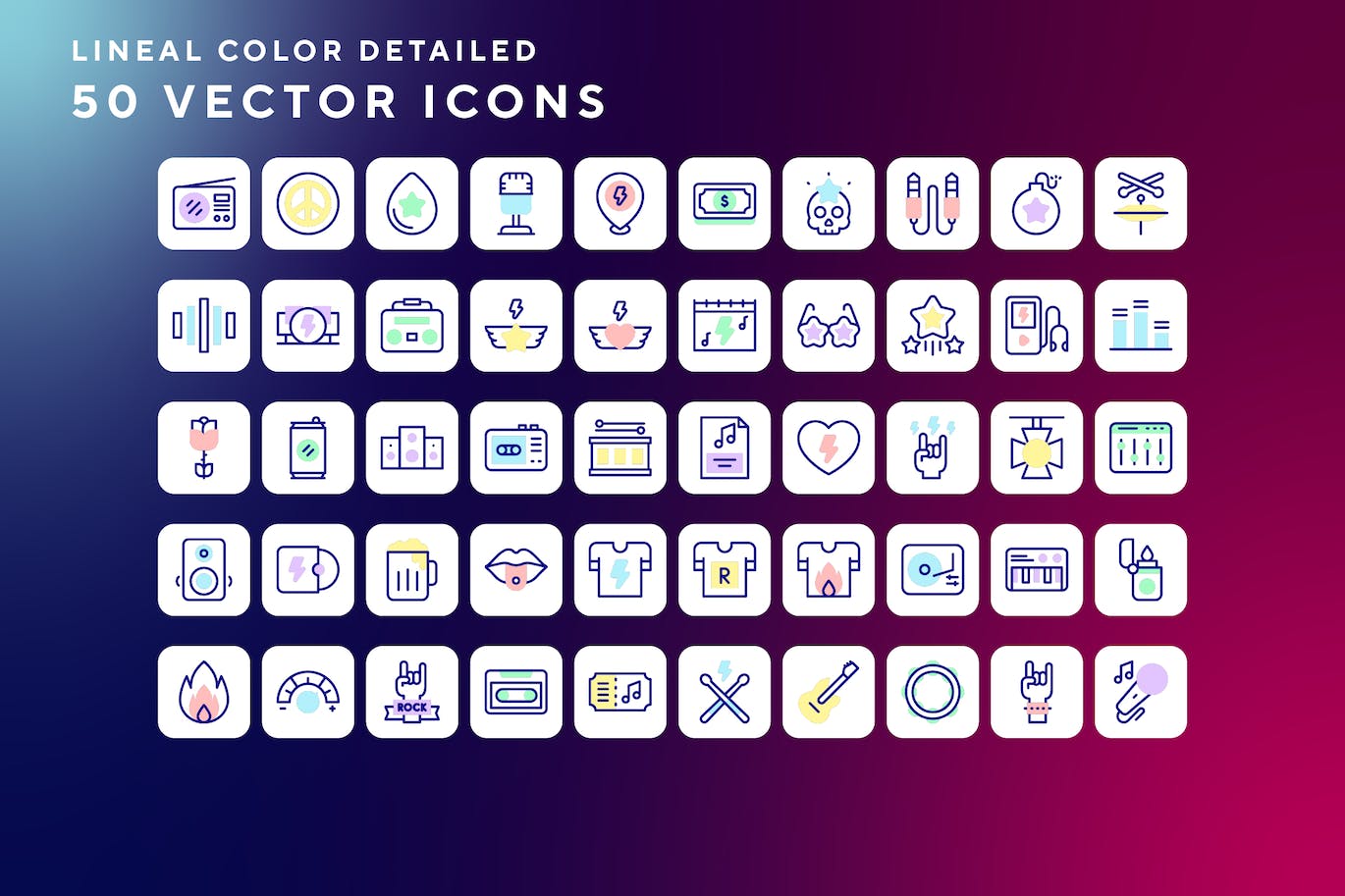50枚摇滚乐主题彩色线条矢量图标 Rock and roll icons 图标素材 sucaiwan.com
