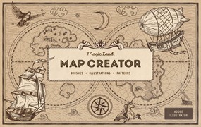 老式复古仙境地图山脉数目建筑等航海地图制作工具包Magic Lands: Vintage Map Creator