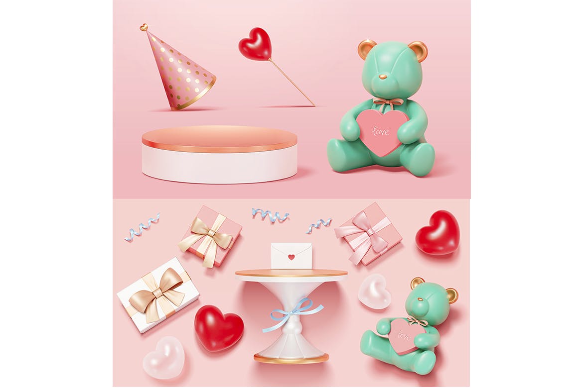 3D泰迪熊情人节插画套装 3D Teddy Bear Valentine’s Day Set 图片素材 sucaiwan.com