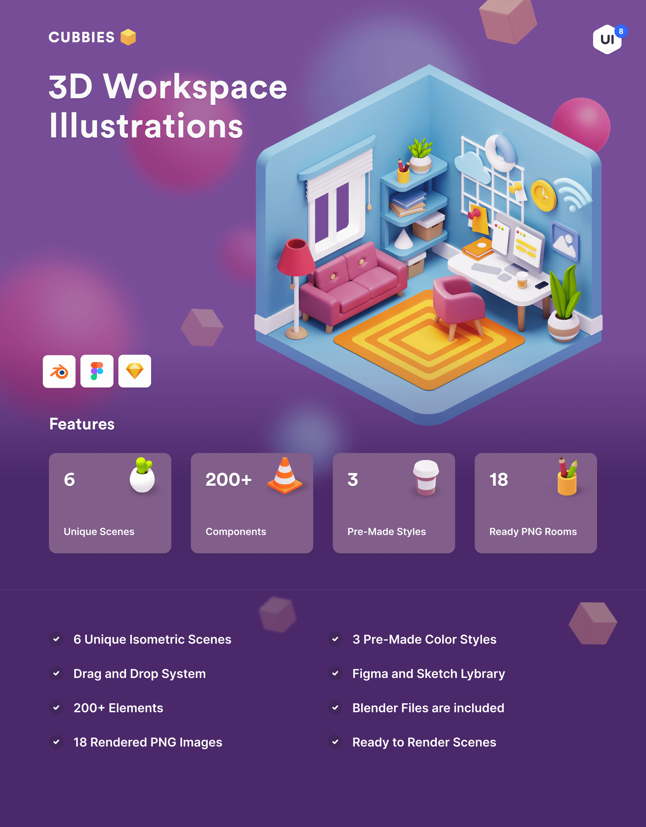 200多个3D独特预制色彩工作区等距场景包 Cubbies 3D Workspace Illustrations 图标素材 sucaiwan.com