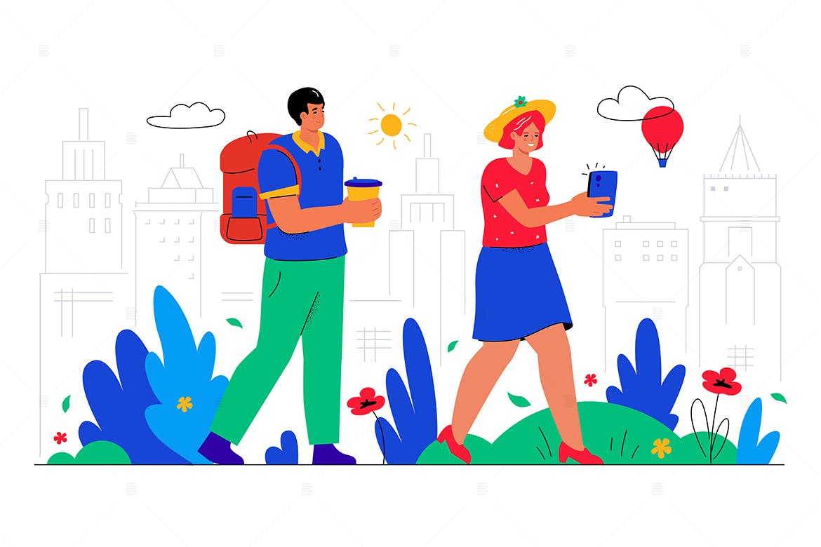 城市游客扁平风格插画 Tourists in the City – Flat Style Illustration 图片素材 sucaiwan.com