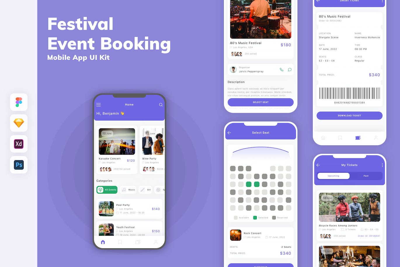 节日和活动预订App移动应用设计UI工具包 Festival & Event Booking Mobile App UI Kit APP UI sucaiwan.com