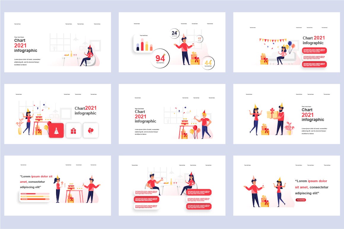 派对扁平插画数据可视化PPT动画幻灯片模板 Party Flat Illustration Powerpoint Template 幻灯图表 sucaiwan.com