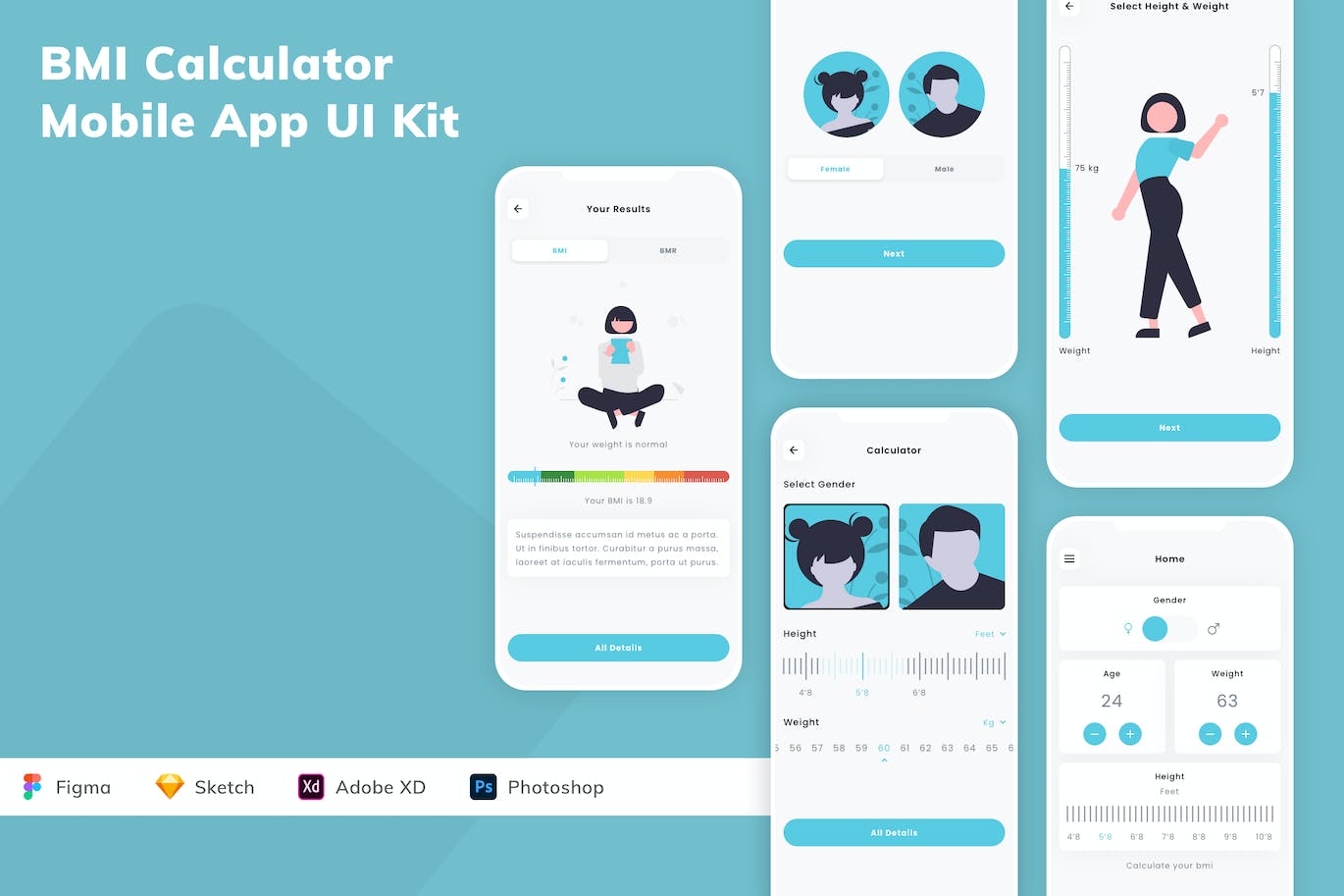 BMI计算器应用程序App设计UI工具包 BMI Calculator Mobile App UI Kit APP UI sucaiwan.com