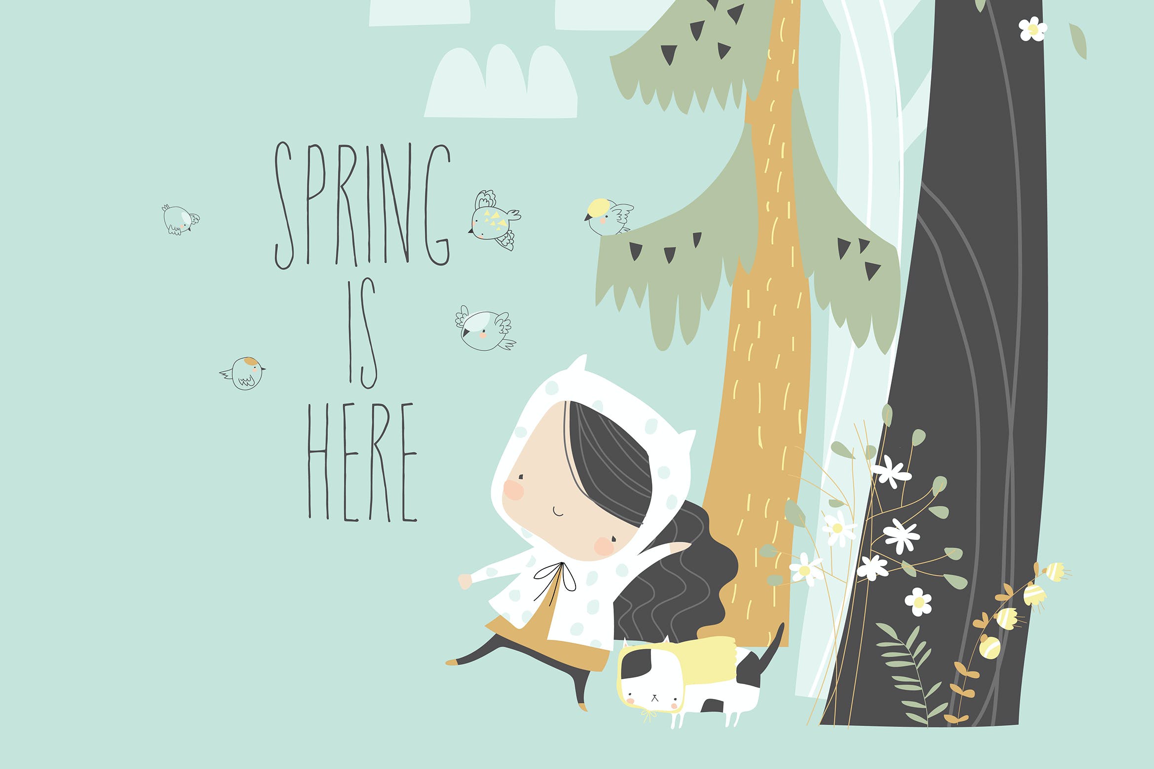 女孩与猫散步春天森林插画 Cute girl walking with her cat in the spring fores 图片素材 sucaiwan.com