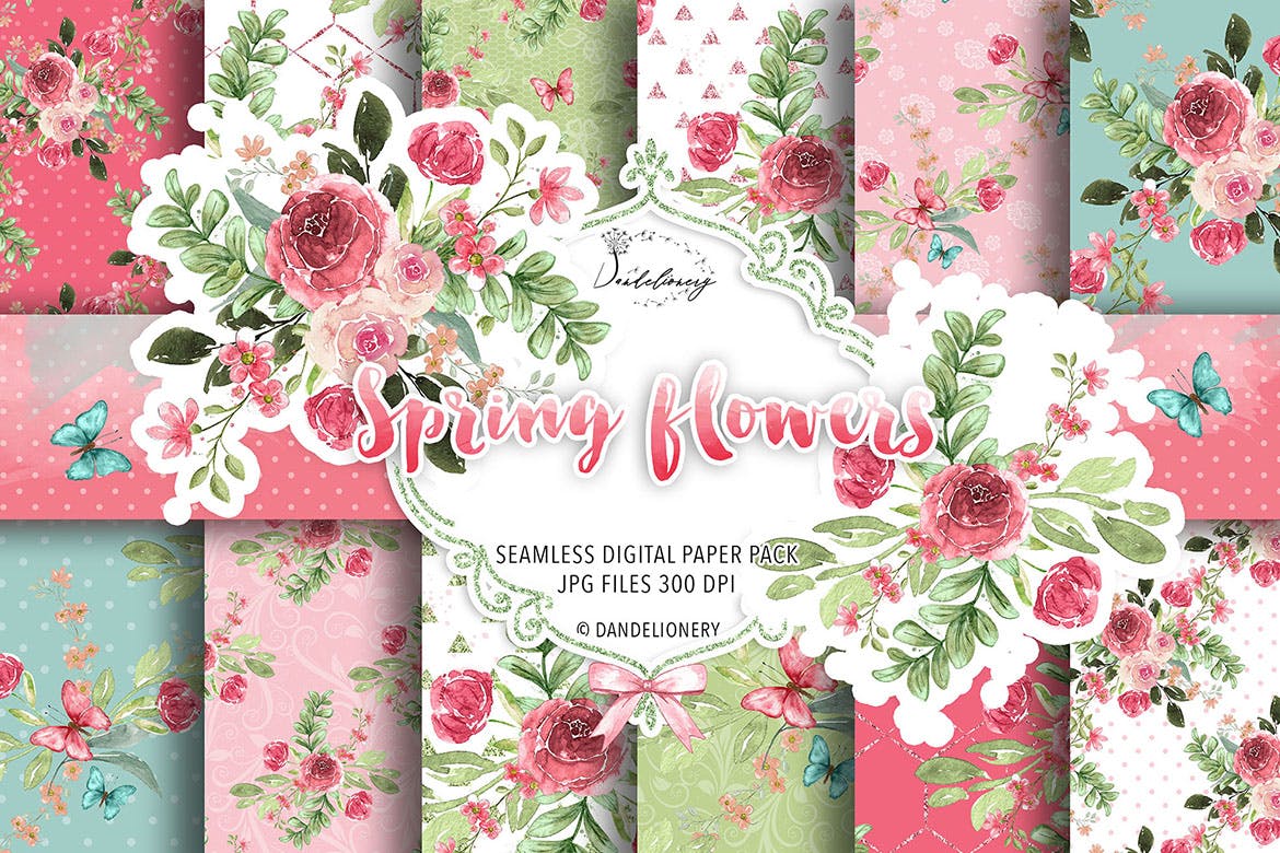 水彩春天花朵数码纸图案素材包 Spring flowers digital paper pack 设计素材 sucaiwan.com