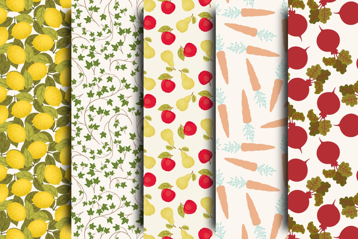 蔬菜水果和鸟类无缝图案 Garden Seamless Patterns 图片素材 sucaiwan.com