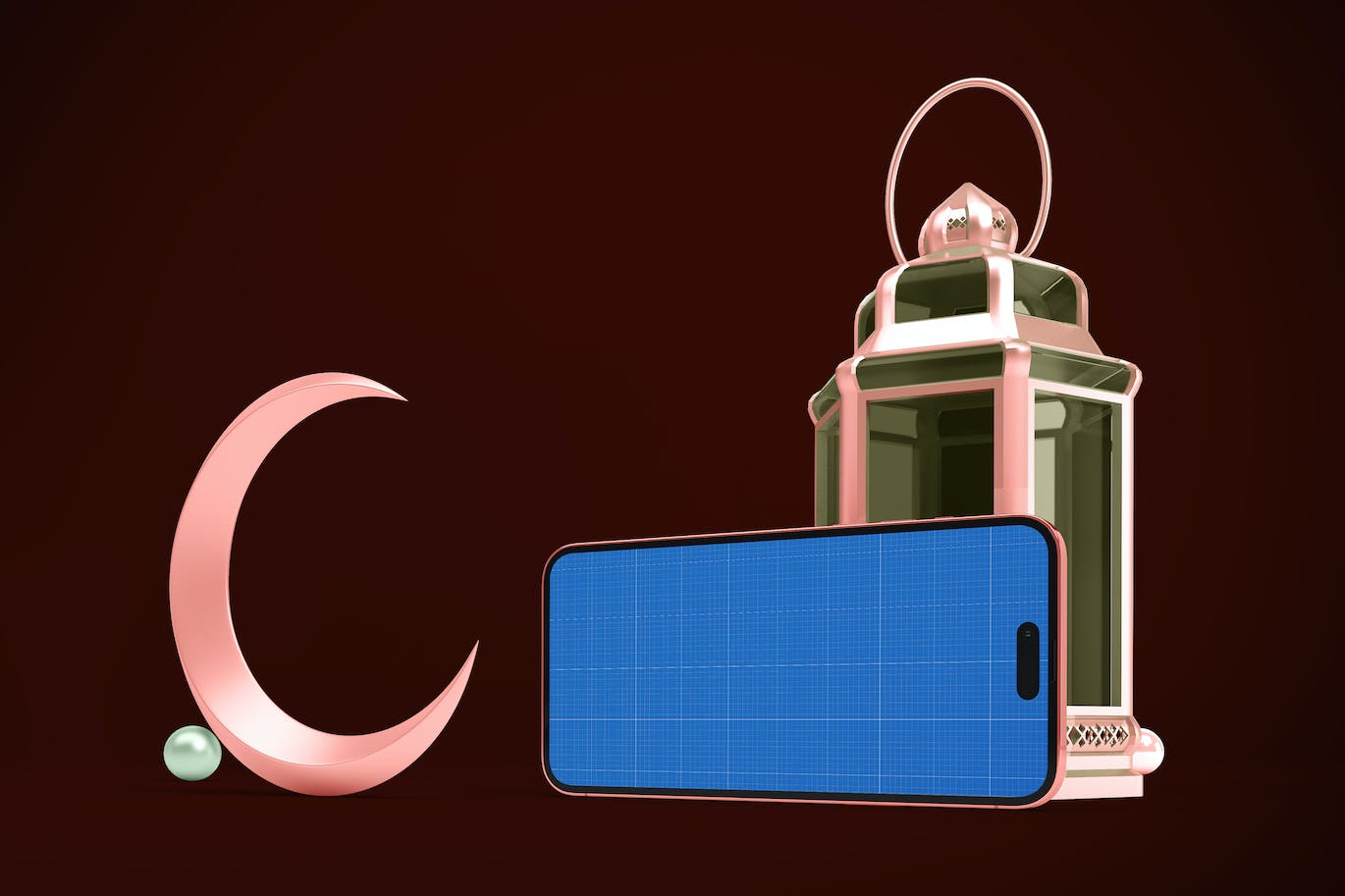 3D斋月主题背景iPhone 14 Pro手机样机 Ramadan iPhone 14 样机素材 sucaiwan.com