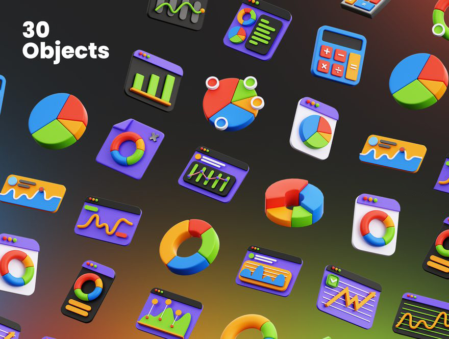 3D图标-3D立体图表数据分析图标模型PNG素材 图标素材 sucaiwan.com