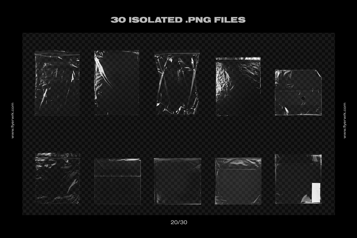 30个高分辨率褶皱潮流空塑料袋PNG物料设计展示样机模板 Flyerwrk Isolated Empty Plastic Bags 样机素材 sucaiwan.com