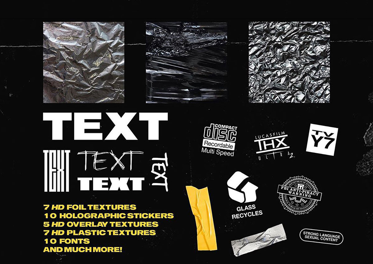 全息潮流塑料锡箔纸褶皱覆盖纹理唱片店贴纸胶带 Essentials Design Kit 图片素材 sucaiwan.com