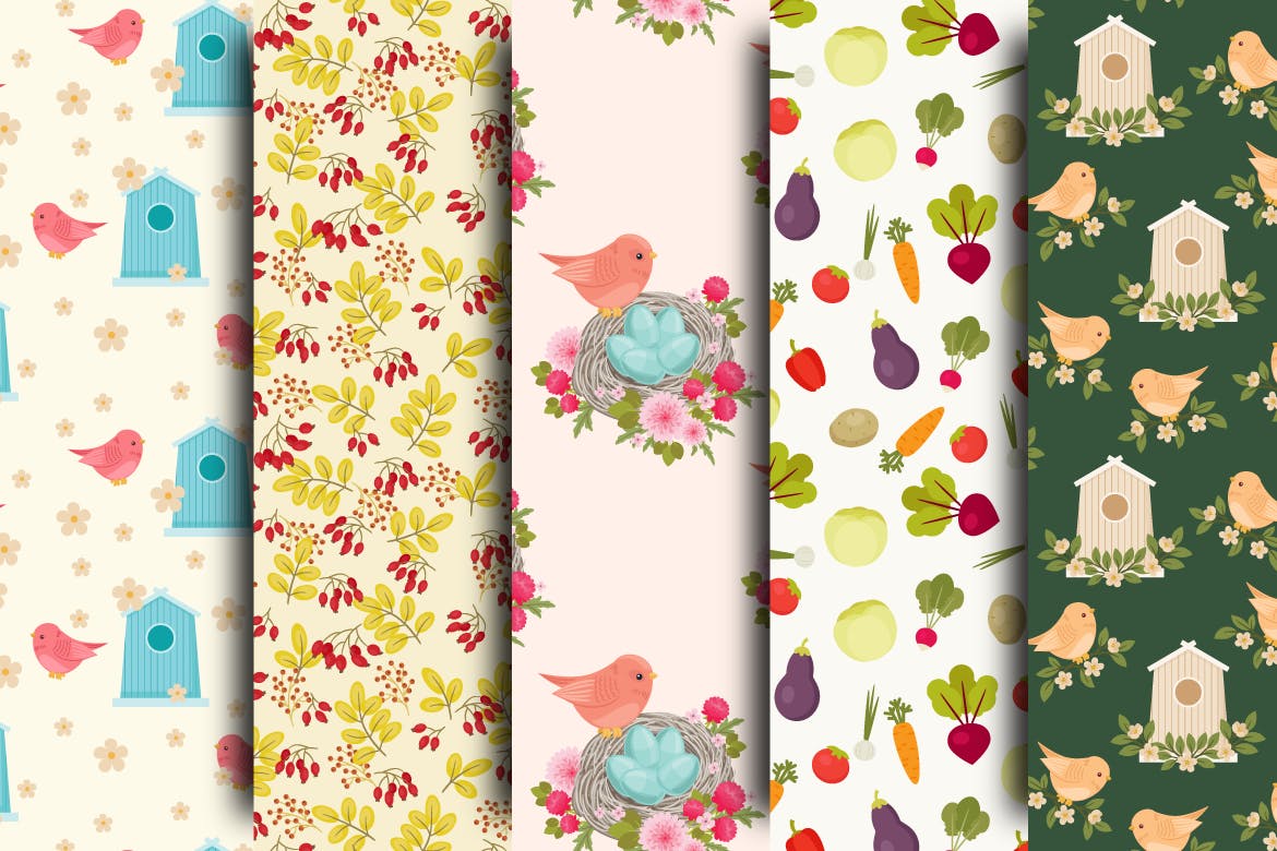 蔬菜水果和鸟类无缝图案 Garden Seamless Patterns 图片素材 sucaiwan.com