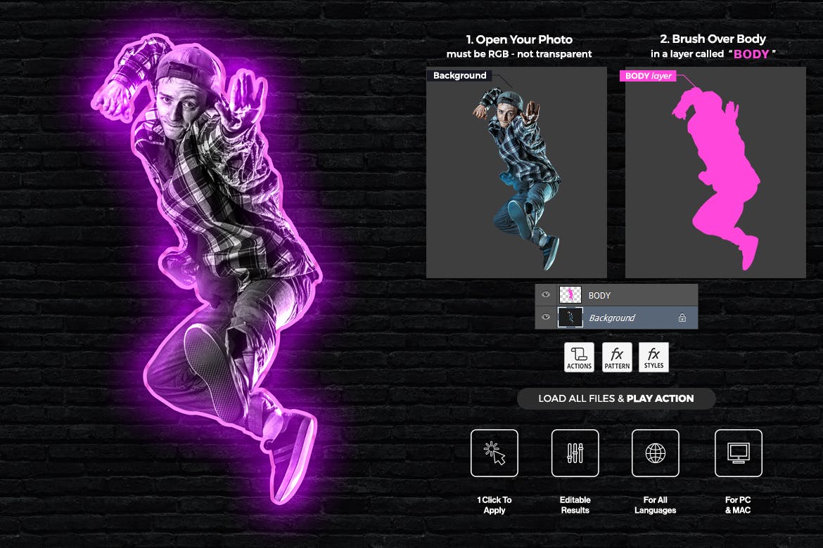 霓虹灯发光效果照片处理Photoshop动作 Neon Glow 2 Photoshop Action 插件预设 sucaiwan.com