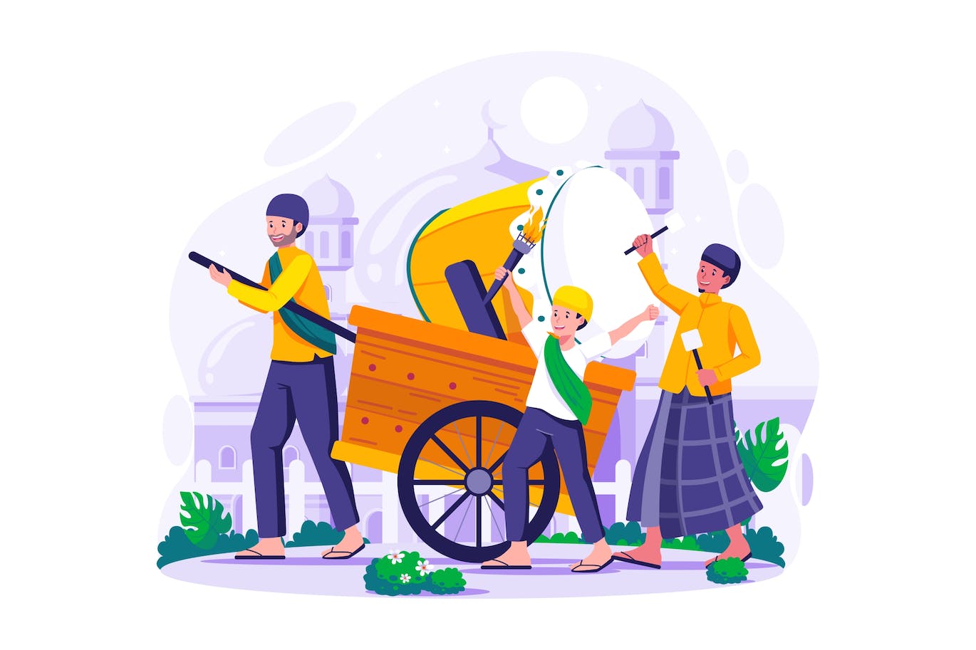 开斋节击鼓传统活动场景矢量插画 Wake Up People for Suhoor on Ramadan Illustration 图片素材 sucaiwan.com