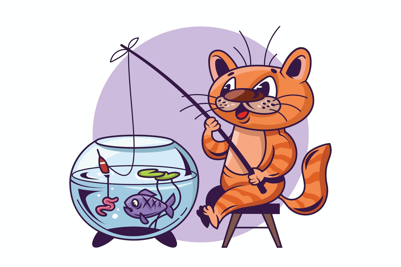 小猫钓鱼卡通矢量插画 Cat catching fish from aquarium 图片素材 sucaiwan.com
