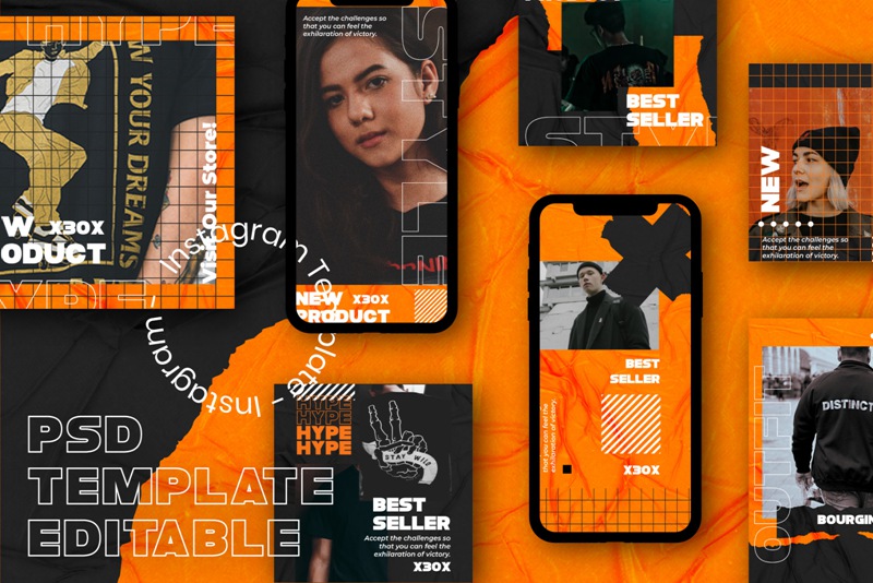 时髦潮流现代纸张褶皱撕纸错版文字PSD模板 Bourgoin Instagram Post Stories 设计素材 sucaiwan.com