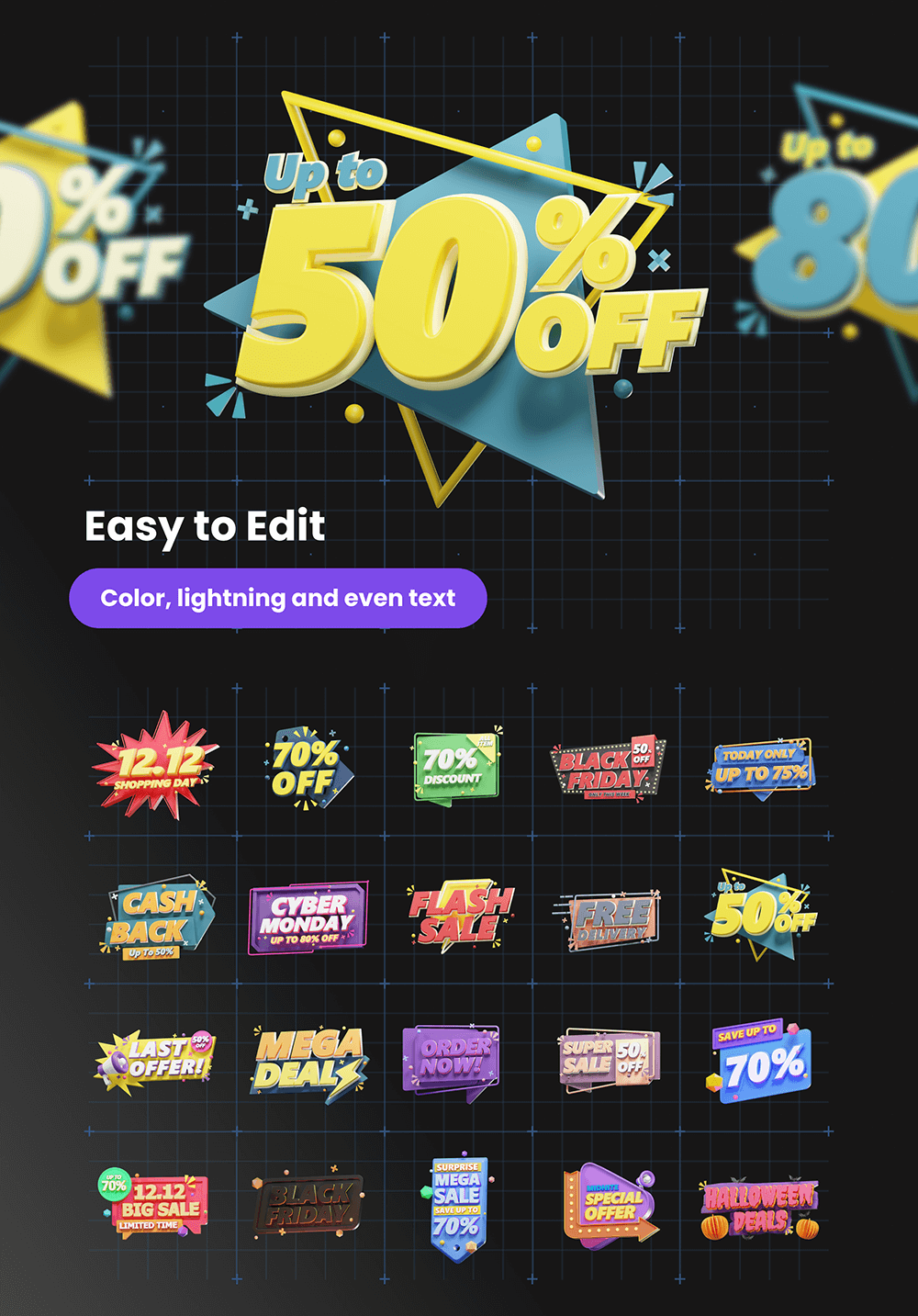 电子商务3D可编辑文本图标 图标素材 sucaiwan.com