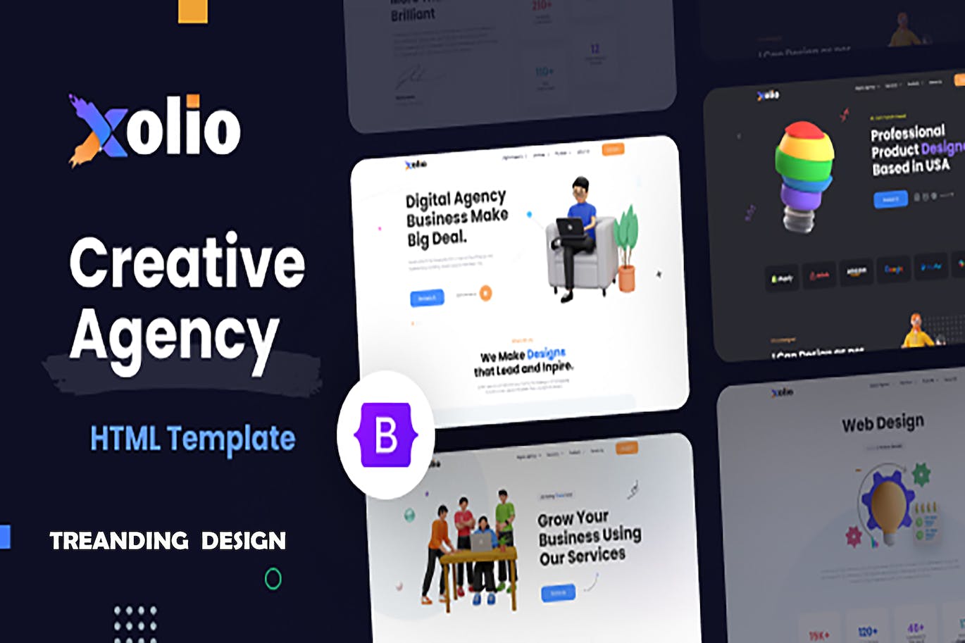 创意机构和作品集网站HTML模板 Xolio – Creative Agency & Portfolio Template APP UI sucaiwan.com