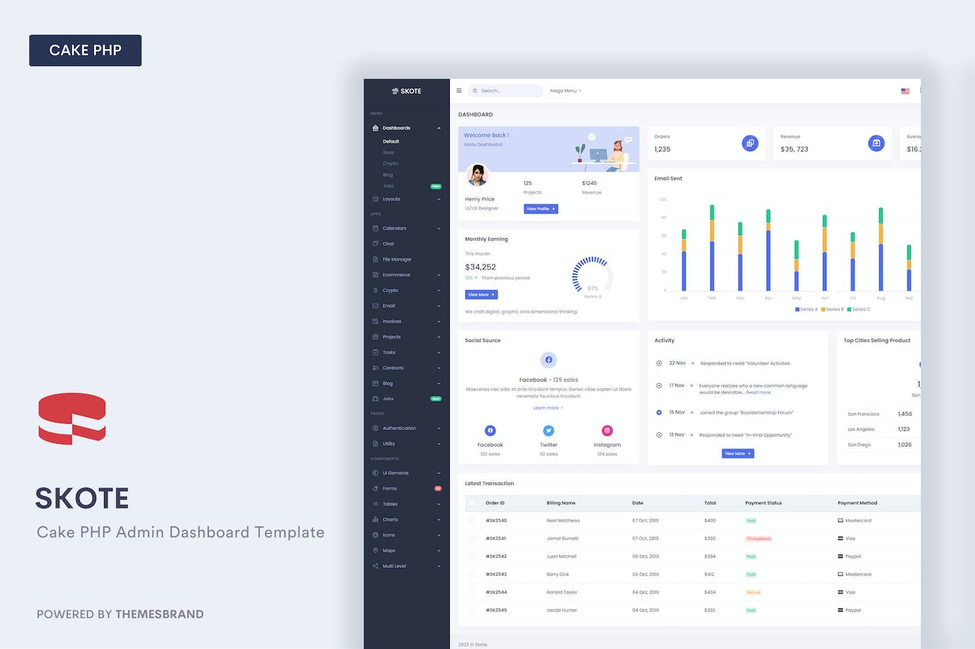 PHP后台管理仪表盘模板 Skote – Cake PHP Admin Dashboard Template APP UI sucaiwan.com