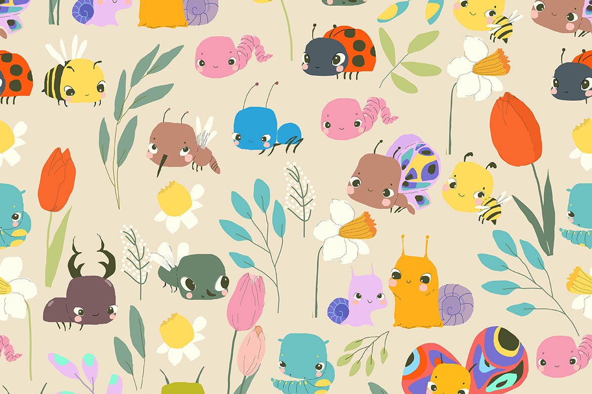 可爱昆虫植物矢量无缝图案 Vector Seamless Pattern with Cute Baby Insects 图片素材 sucaiwan.com