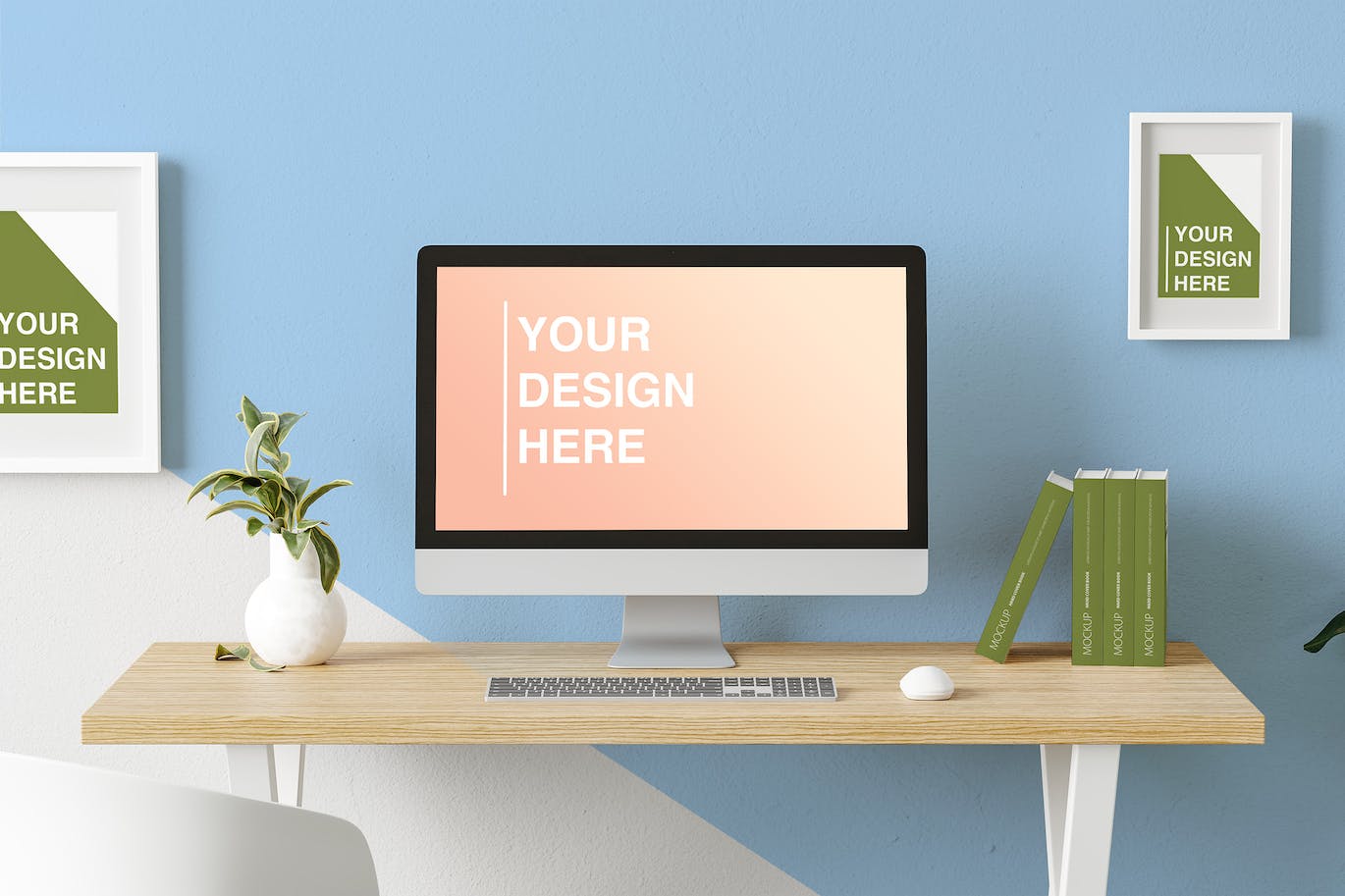 极简办公桌面场景屏幕/书本/框架样机图 Minimal Desk Mock Up With Screen, Books and Frames 样机素材 sucaiwan.com