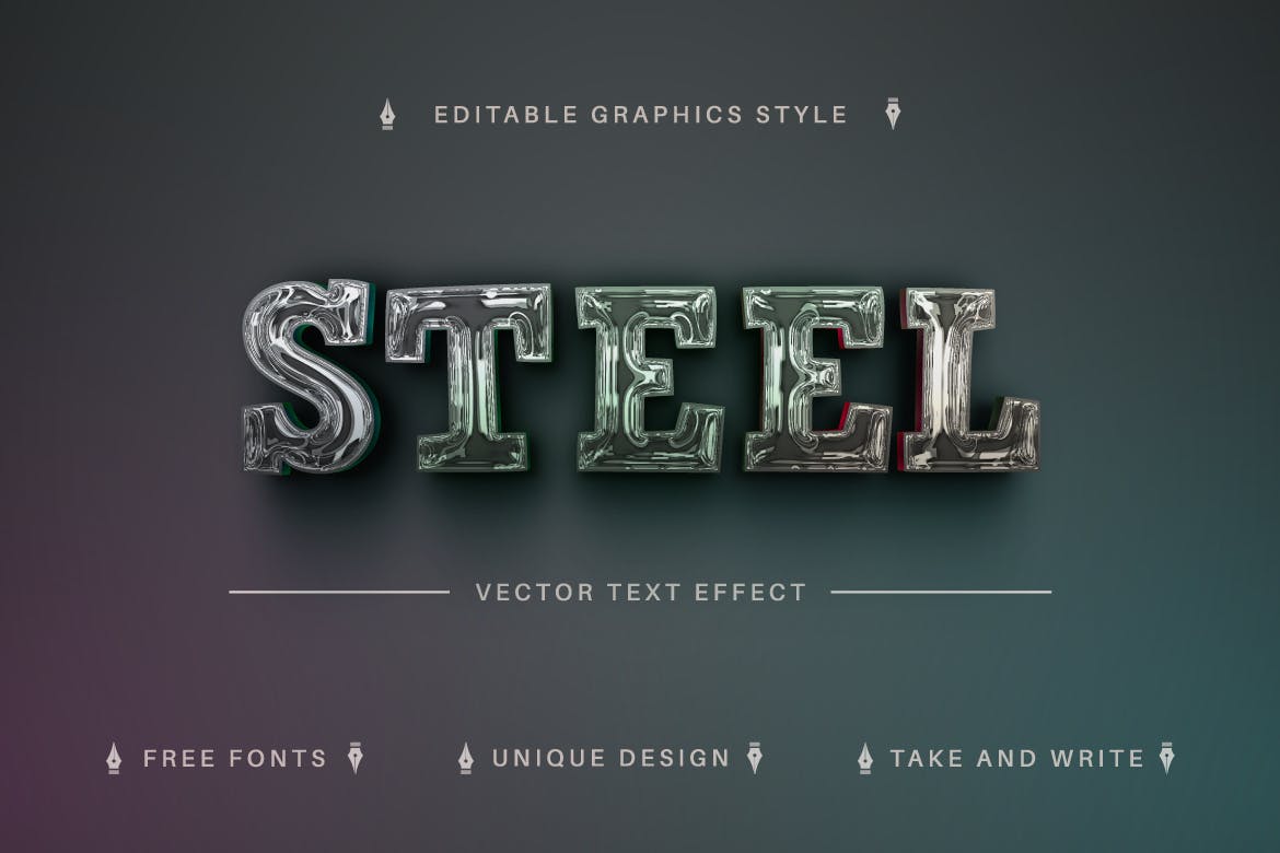深色镀铬矢量文字效果字体样式 Dark Chrome – Editable Text Effect, Font Style 插件预设 sucaiwan.com
