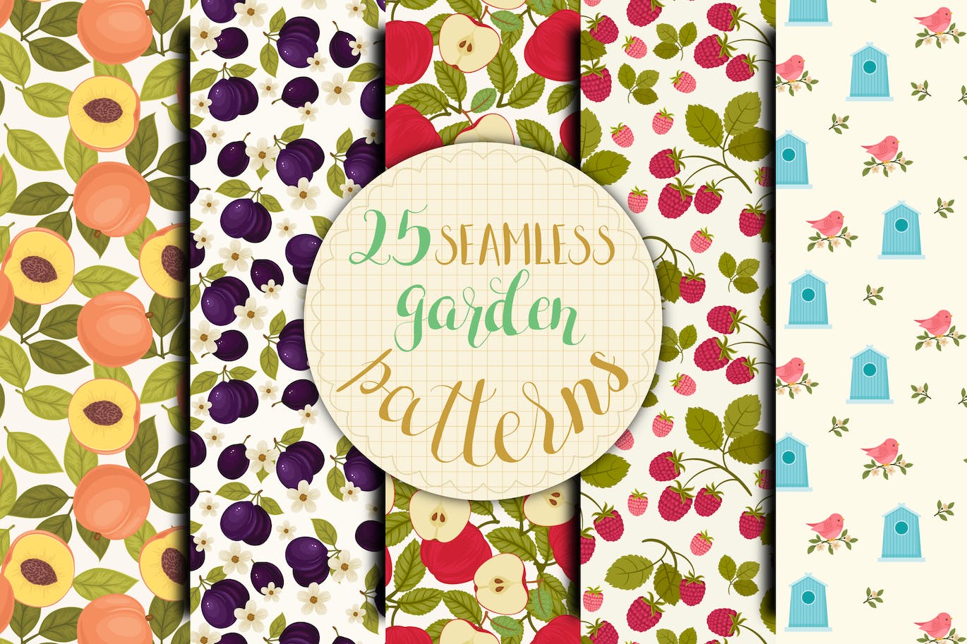 蔬菜水果和鸟类无缝图案 Garden Seamless Patterns 图片素材 sucaiwan.com