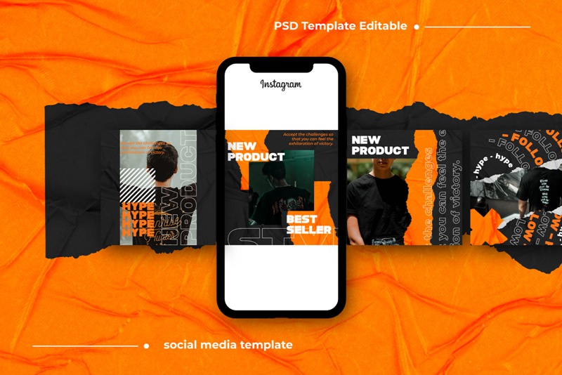 时髦潮流现代纸张褶皱撕纸错版文字PSD模板 Bourgoin Instagram Post Stories 设计素材 sucaiwan.com