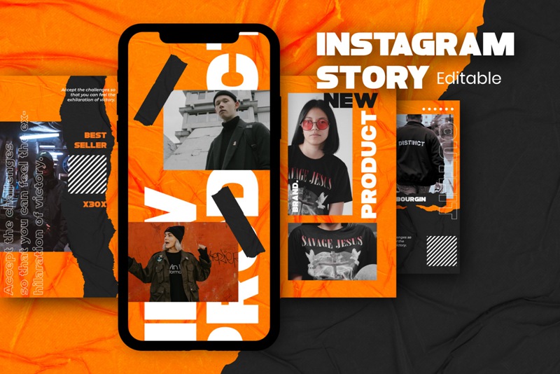 时髦潮流现代纸张褶皱撕纸错版文字PSD模板 Bourgoin Instagram Post Stories 设计素材 sucaiwan.com