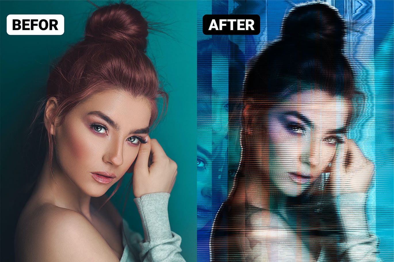 失真颗粒效果PS动作模板 Glitch Grain Photoshop Effect Action 插件预设 sucaiwan.com