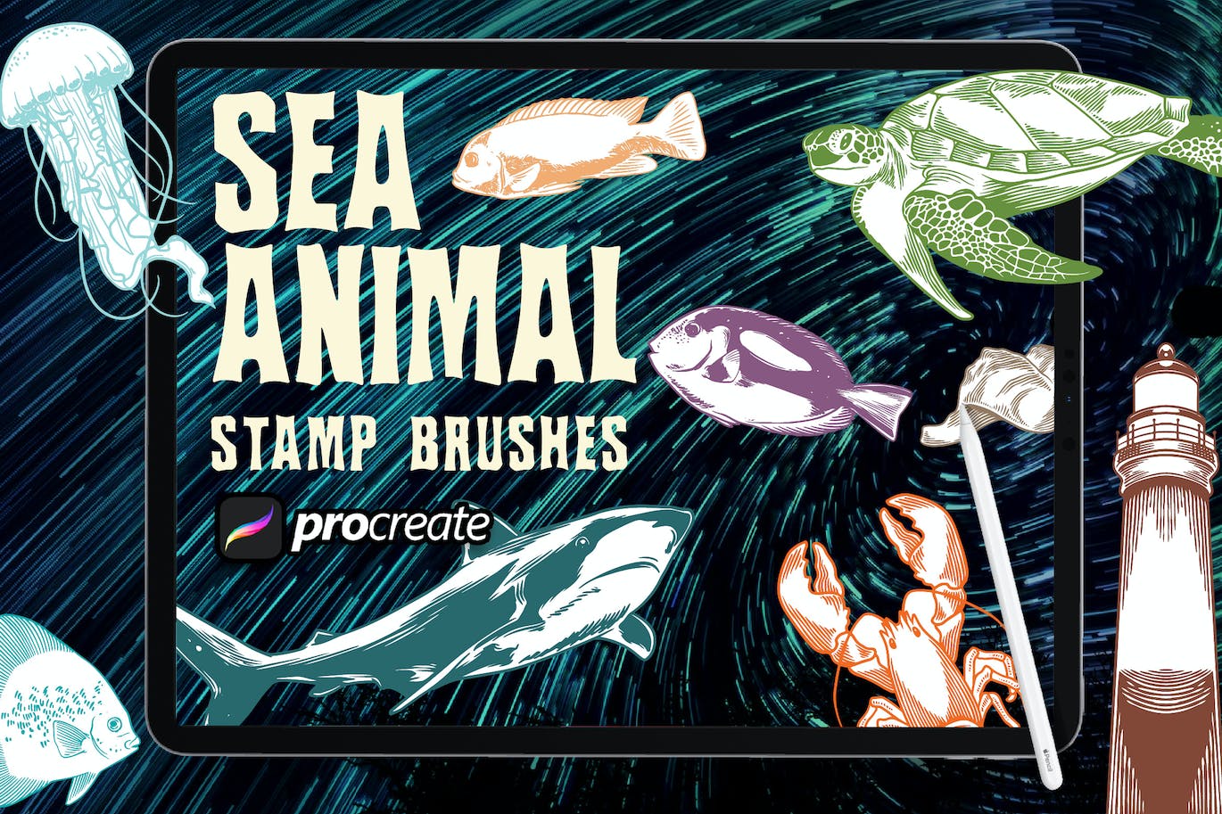 海洋动物Procreate印章绘画笔刷素材 Dansdesign Sea Animals Brush Stamp Procreate 笔刷资源 sucaiwan.com