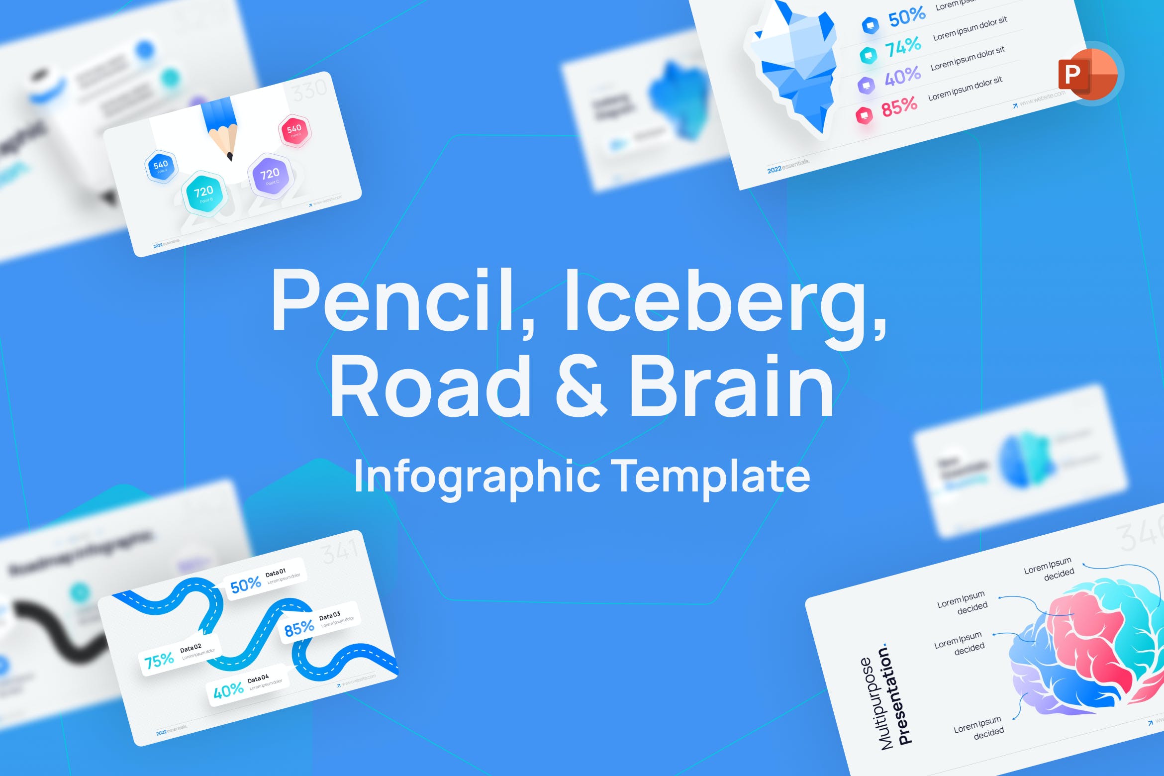 铅笔/冰山/道路和大脑图表PPT幻灯片模板下载 Pencil, Iceberg, Road & Brain PowerPoint Template 幻灯图表 sucaiwan.com