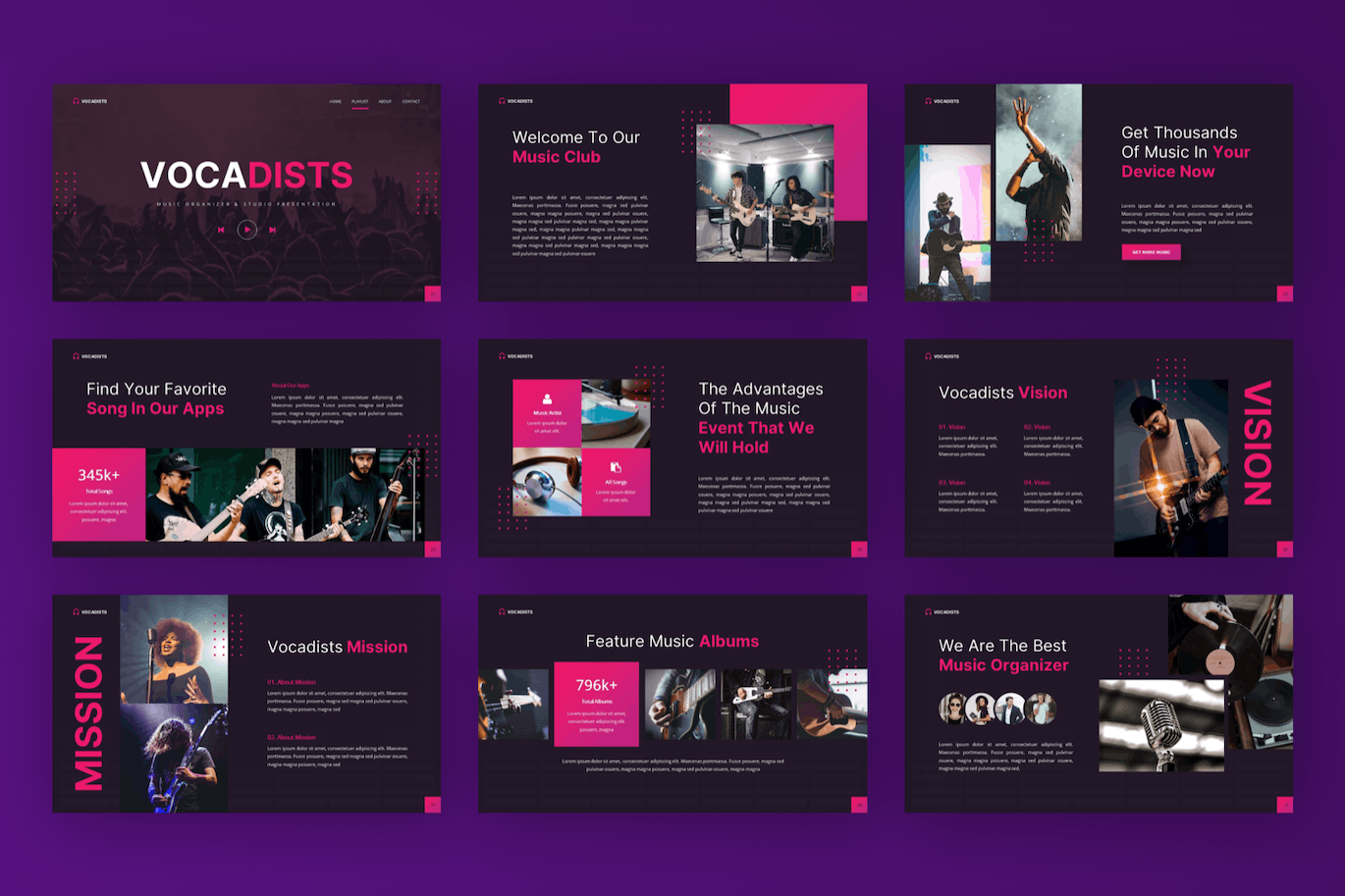 音乐组织者和工作室Google幻灯片模板下载 Vocadists – Music Organizer & Studio Google Slides 幻灯图表 sucaiwan.com